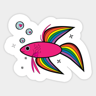 Rainbow Betta Fish with Heart-Filled Bubbles Sticker